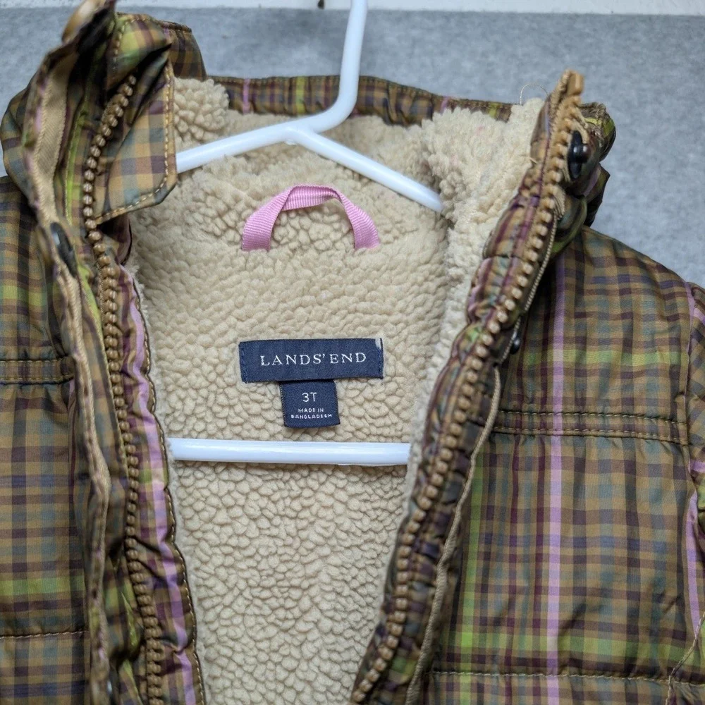 Lands End Kids Plaid Sherpa Lined Quilted Hooded Jacket Olive Green Brown 3T